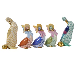 Five Herend Fishnet Porcelain Goose Figures