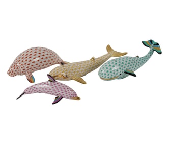 Four Herend Fishnet Porcelain Marine Animal Figures