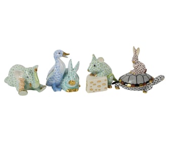 Four Herend Fishnet Porcelain Animal Figures
