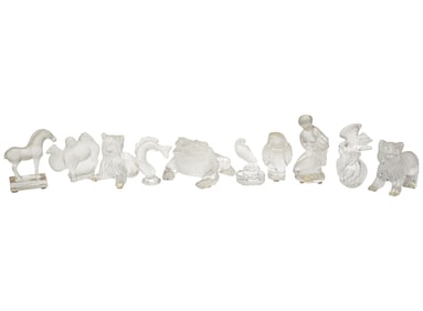 Nine Lalique Glass Figures and a Perfume Bottle