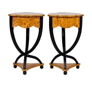 A Pair of Birch and Ebonized Wood Triangular Tables