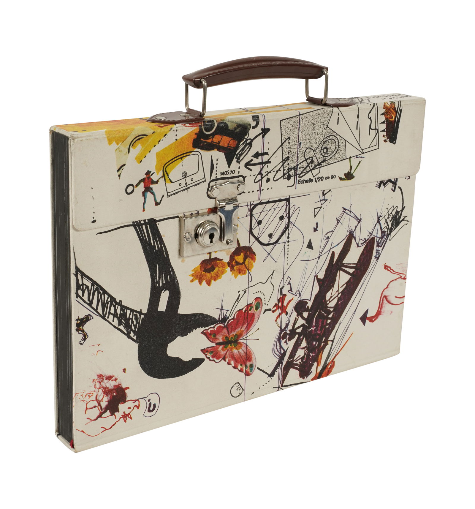 Jean Tinguely, 1925-1991, Meta (With Drawing): illustrated cloth binding in the shape of a suitcase with lock and metal handle, encasing a copy of the book with bound-in original drawing and vinyl 33 rpm record K.G. Pontus Hulten, 1973; the drawin
