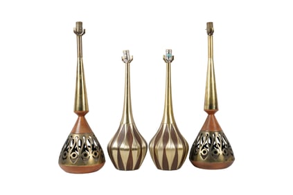 Two Pairs of Mid-Century Modern Wood and Brass Table Lamps