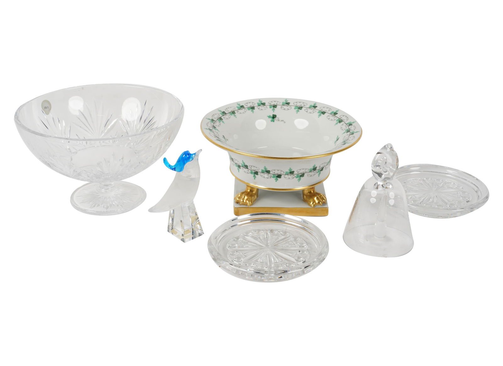 A Group of Herend, Daum, Waterford, Baccarat, and Lalique: comprising a Herend porcelain footed bowl (4 x 8 in.), a Daum glass bell, a Waterford footed bowl (5 x 8 x 8 in.), two Baccarat crystal coasters, and a Lalique glass bird figure (4 3/4 x 3 3/4 x 1 3/4