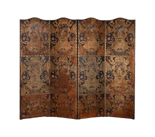 An Antique Painted Leather Screen