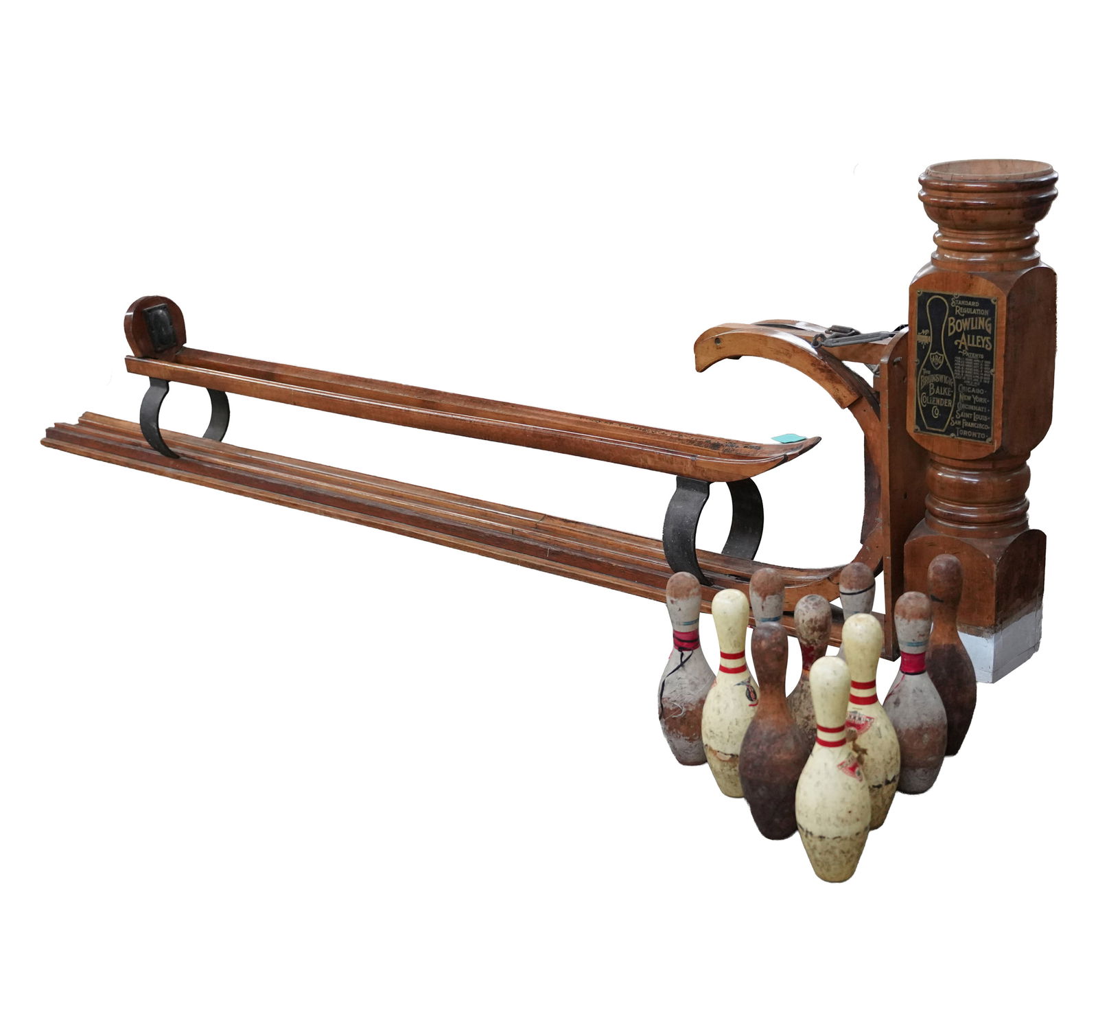 An Antique Brunswick Bowling Ball Return and Pins (1 of 14)