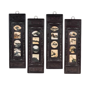 A Set of Four Chinese Marble-Inset Carved Wood Panels