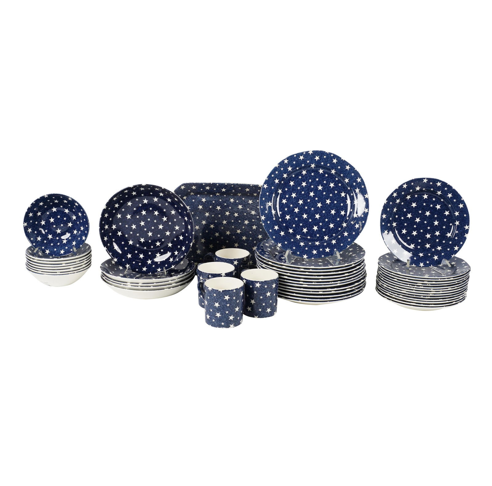 A Set of Ralph Lauren / Burleigh Pottery Midnight Sky Dinnerware: comprising 13 dinner plates (10 1/2 in. dia.), five pasta bowls (9 in. dia.), 14 salad plates (8 1/2 in. dia.), eight ice cream bowls (4 3/4 in. dia.), four mugs, and a platter (13 1/4 in. wide) [45 p