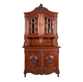A Louis XV-Style Carved Oak and Parquetry Buffet a Deux Corps