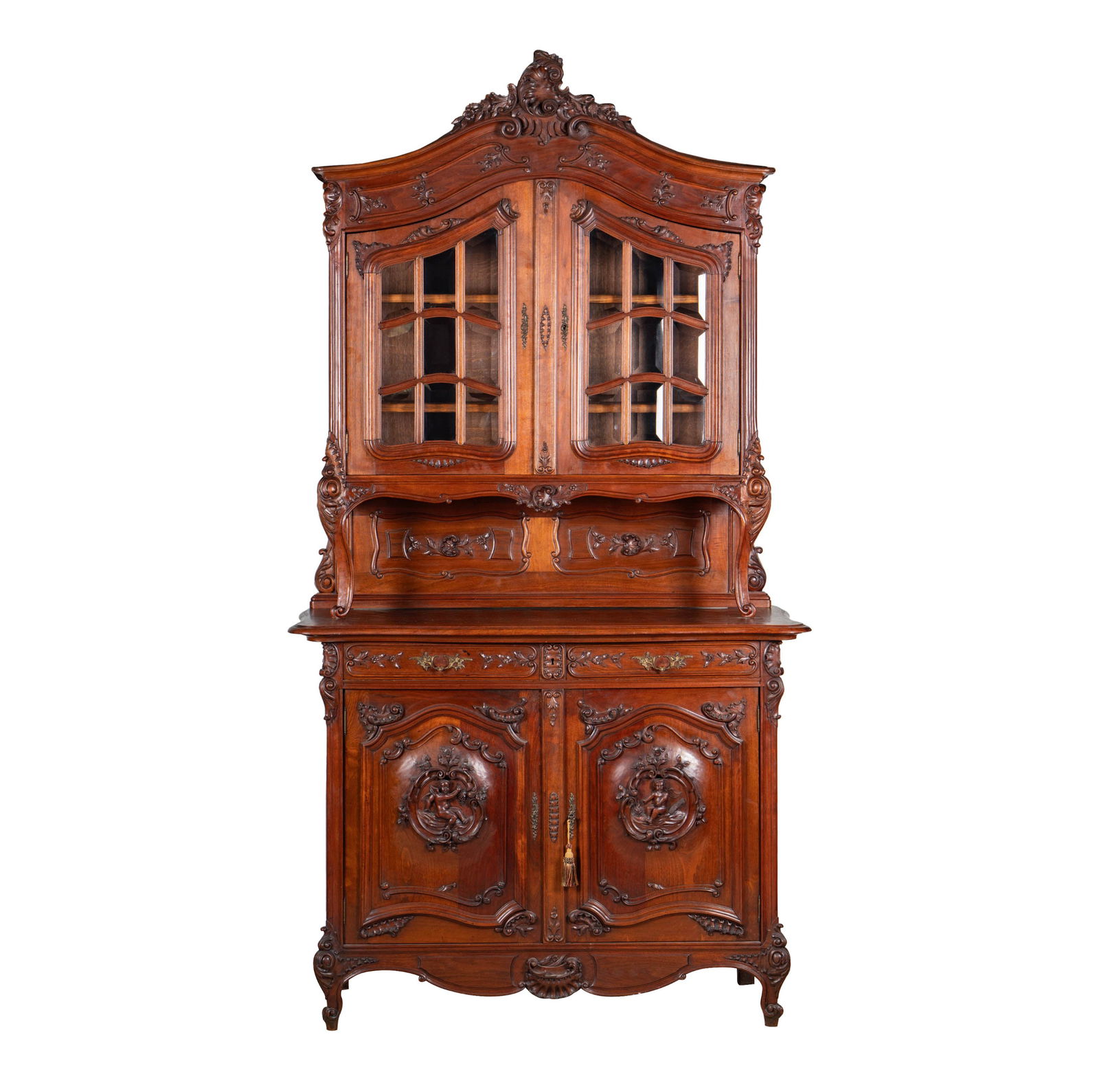 A Louis XV-Style Carved Oak and Parquetry Buffet a Deux Corps: in two parts 103 x 55 x 24 1/2 in. (261.6 x 139.7 x 62.2 cm.)