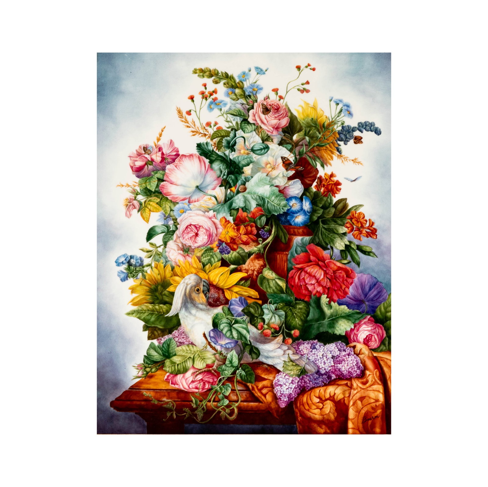 A Boehm Painted Porcelain Plaque: late 20th century; depicting a flower arrangement with cockatoo; signed lower right "Boehm", black printed backstamp verso "Boehm / Bone Porcelain / Made in England / Limited Edition" 14 x 11 in. (35.