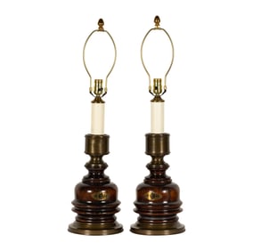 A Pair of Frederic Cooper English Brass and Turned Wood Table Lamps