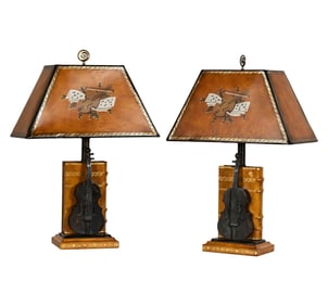 A Pair of Maitland Smith Faux Book and Violin Table Lamps
