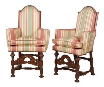 A Pair of English William and Mary-Style Upholstered Armchairs