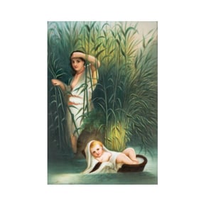 A Continental Painted Porcelain Plaque of Moses in the Bullrushes
