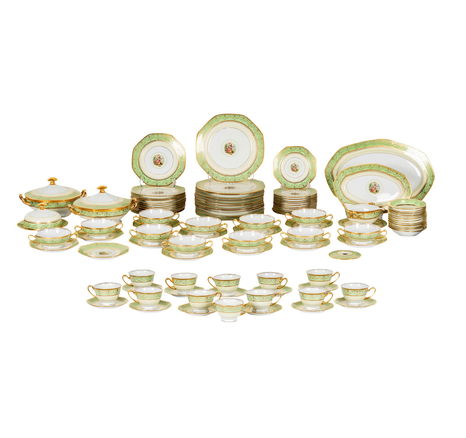 A Hutschenreuther Bavarian Porcelain Service: comprising 12 dinner plates (10 in. dia.), 11 salad plates (8 in. dia.), 12 fruit bowls (5 1/4 in. dia.), 11 cream soup bowls, 12 soup underplates, 12 teacups, 11 tea saucers, two covered serving bowl