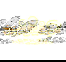 A Hutschenreuther Bavarian Porcelain Service: comprising 12 dinner plates (10 in. dia.), 11 salad plates (8 in. dia.), 12 fruit bowls (5 1/4 in. dia.), 11 cream soup bowls, 12 soup underplates, 12 teacups, 11 tea saucers, two covered serving bowl