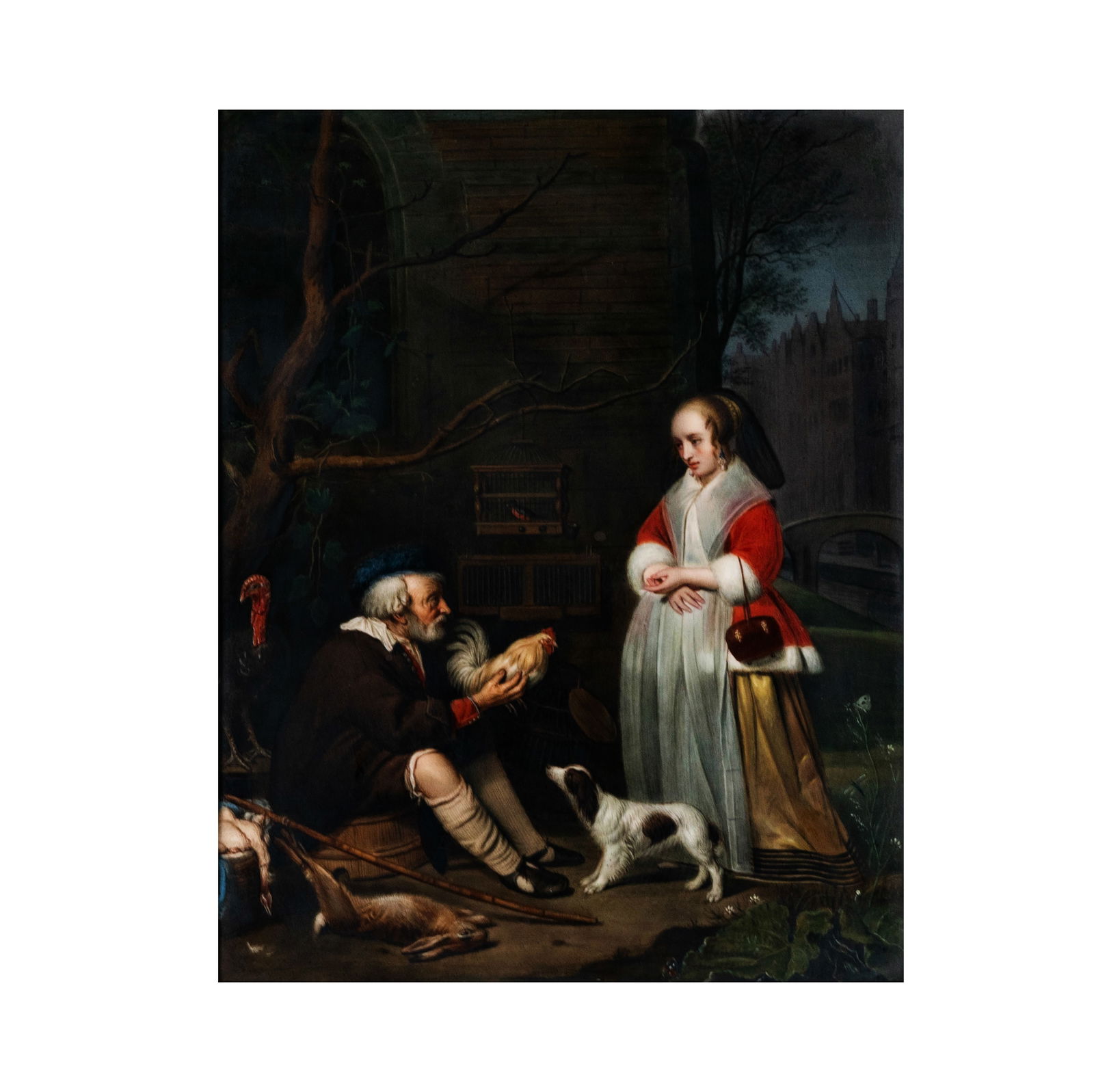 A Berlin (KPM) Painted Porcelain Plaque, The Bird Seller: 19th century; after Gabriel Metsu (Dutch, 1629?1667); depicting an exterior scene with a young woman and a man with a dog and livestock; impressed mark [scepter] and ?KPM? verso Sight: 10 1/2 x 8 1/4