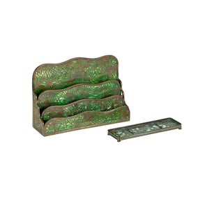 A Tiffany Studios Pine Needle Letter Rack and Pen Tray
