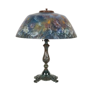 A Reverse-Painted Glass Lamp in the Style of Ulla Darni