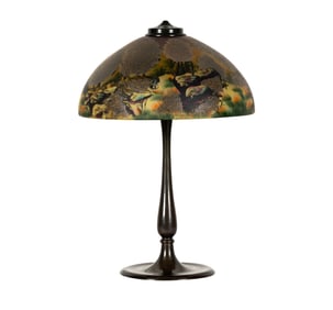 An American Reverse Painted Glass Scenic Table Lamp