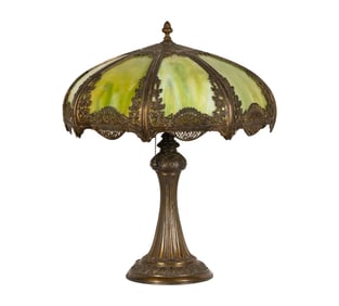 An American Green Slag Glass and Table Lamp