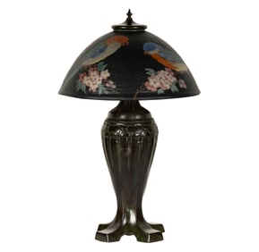 A Reverse-Painted Glass and Patinated Metal Table Lamp