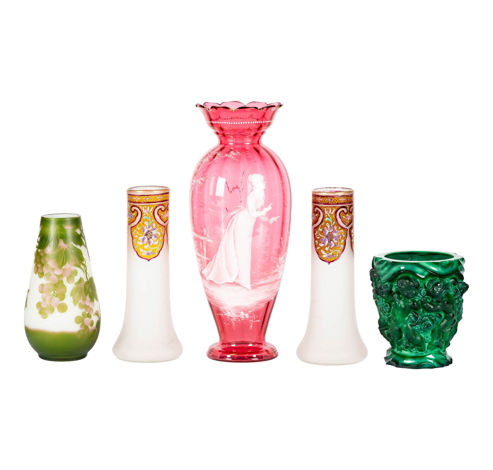 A Group of Glass Vases: comprising a malachite glass vase (7 1/4 in. high), a galle-style vase (10 in. high), a pair of painted glass vases (11 3/4 in. high), and a Mary Gregory cranberry glass vase (17 1/2 in. high) [5 piec