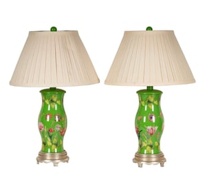 A Pair of Green Glass Floral Lamps