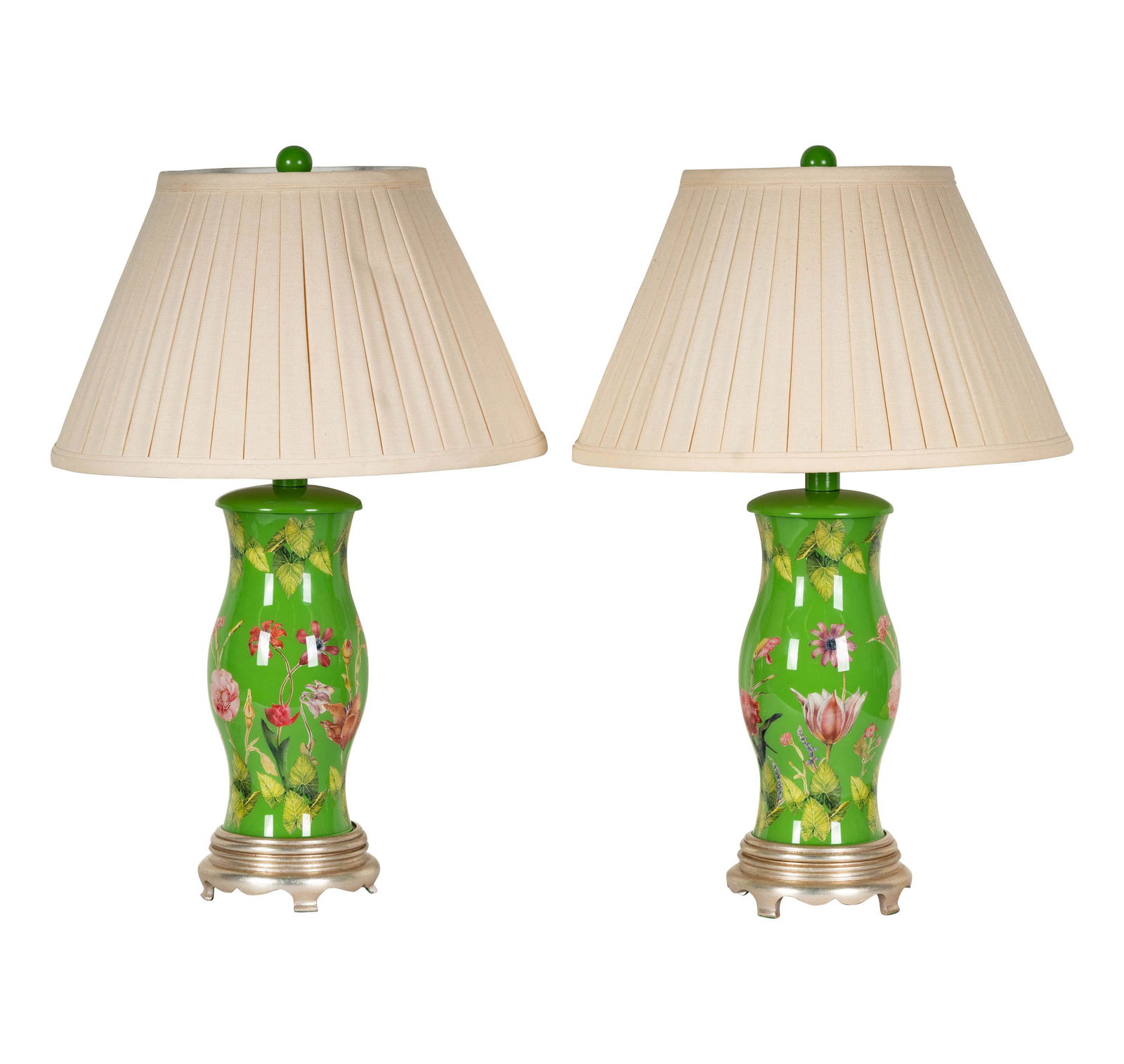 A Pair of Green Glass Floral Lamps: each on a silver-painted wood base; unmarked Overall with shade: 26 x 17 1/4 in. (66 x 43.8 cm.) Property from the Ronald A. Katz Collection, Holmby Hills