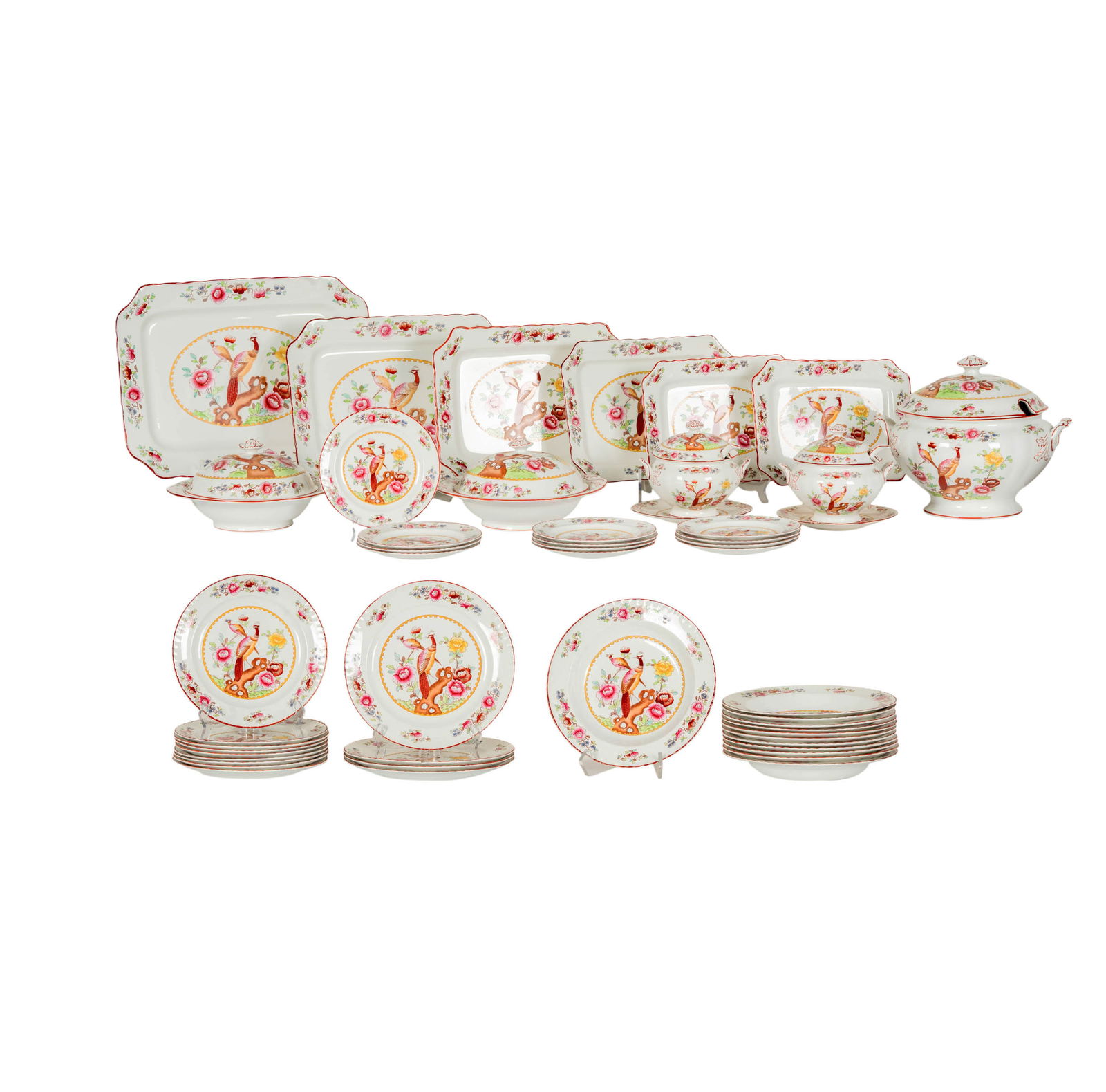 A Staffordshire Pottery Old Chelsea Service: Ceramic Art Co., Stoke-on-Trent, England, 1905-1919; comprising four dinner plates (10 1/4 in. dia.), nine salad plates (9 1/4 in. dia.), 12 soup plates (10 1/4 in. dia.), 12 bread plates (7 1/4 in. d