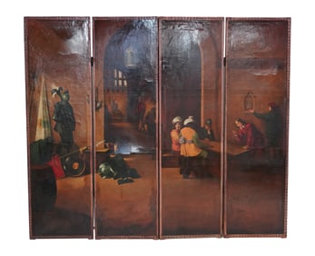 A Continental Painted Leather Four-Panel Screen