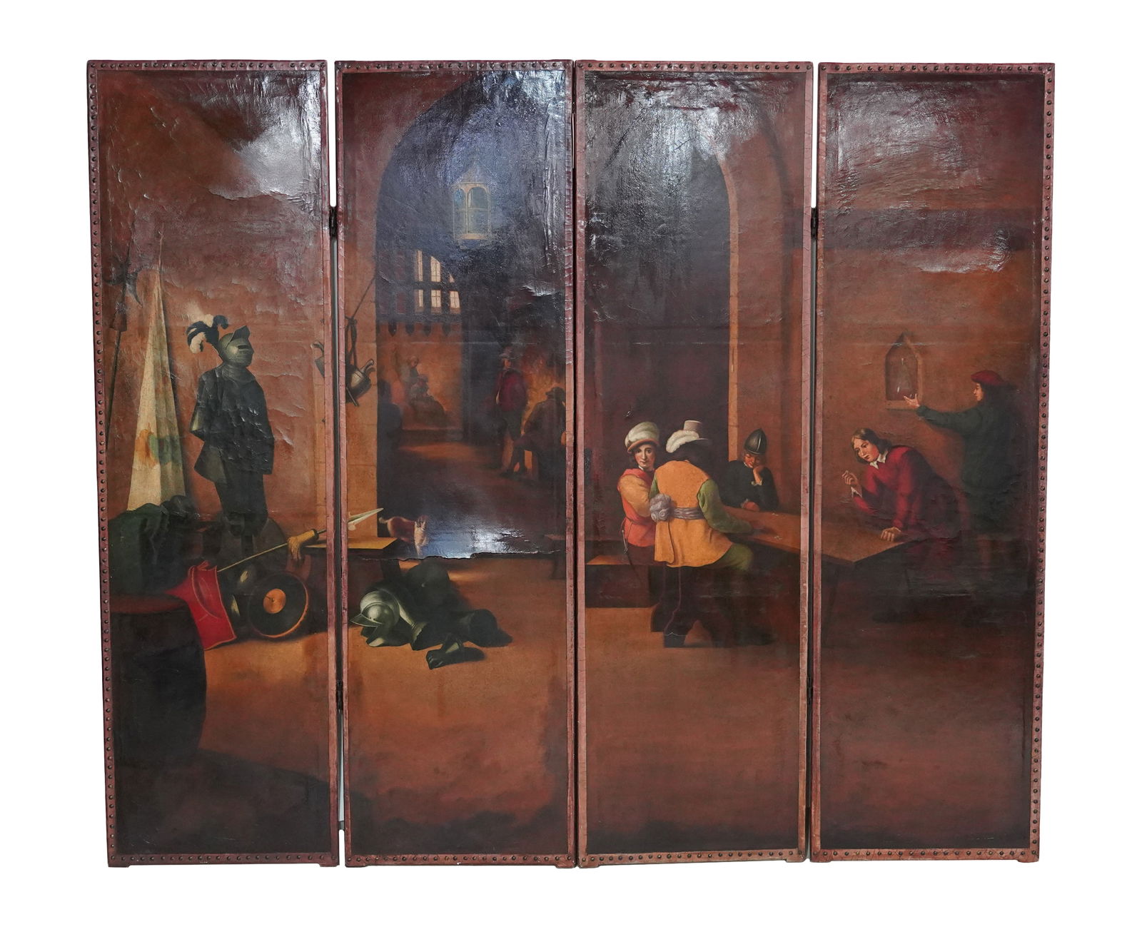 A Continental Painted Leather Four-Panel Screen (1 of 10)