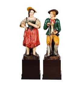 A Pair of Large Painted Terracotta Garden Figures