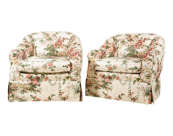A Pair of Brunschwig et Fils Fabric-Covered Swivel Armchairs
