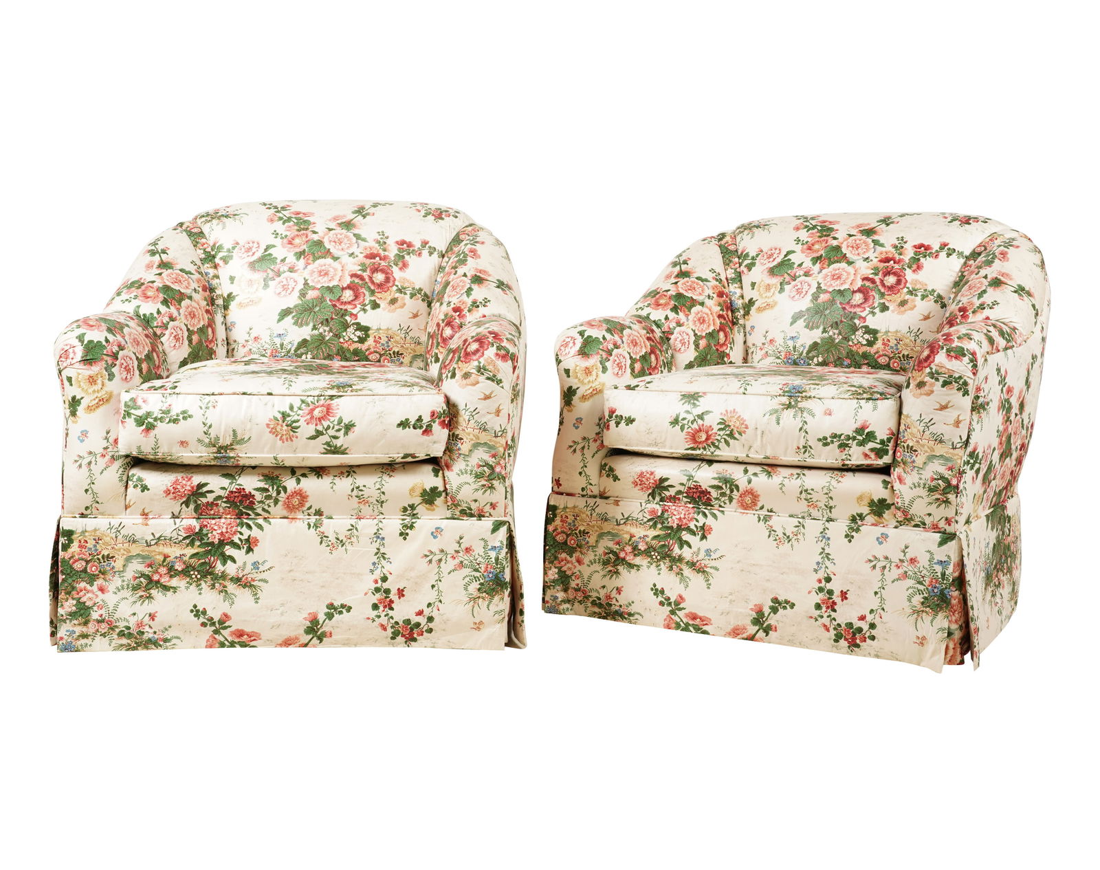 A Pair of Brunschwig et Fils Fabric-Covered Swivel Armchairs: unsigned 31 x 31 x 34 in. (78.7 x 78.7 x 86.4 cm.) Seat height: 17 in. (43.2 cm.) Property from the Ronald A. Katz Collection, Holmby Hills