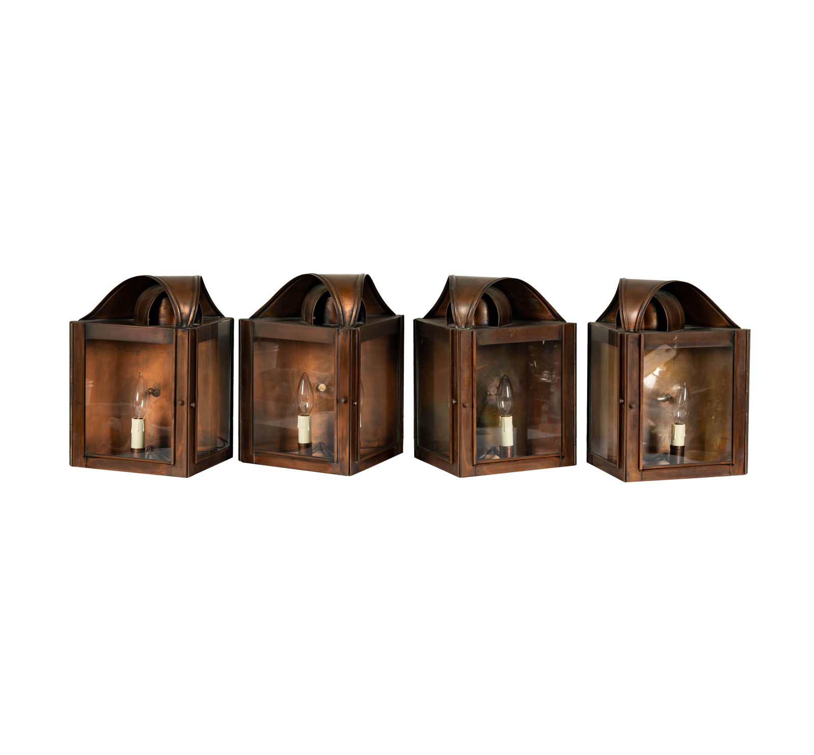 A Set of Four Copper Lanterns: modern; electrified; maker unknown 13 1/2 x 12 in. (34.3 x 30.5 cm.) Property from the Ronald A. Katz Collection, Holmby Hills