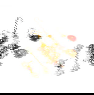 Group Of Unpaired Gem-set Earrings and Pin: including two 14 karat yellow gold pearl earrings and pin, and two sterling silver pearl and coral earrings; Provenance: From the Estate of Rachel Rosenthal (1926?2015), pioneering performance