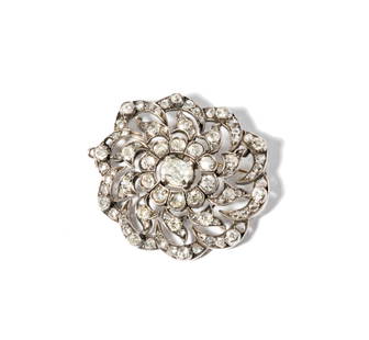 Silver Topped Diamond Flower Brooch/Pendant: set with 89 mixed-cut diamonds [I-L/VS-SI2] weighing approximately 5.50 carats, brooch measuring 42.30 x 39.18mm, weighing 17.9 grams; Provenance: From the Estate of Rachel Rosenthal (1926?2015),