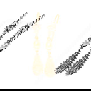 Georgian Pearl and Diamond Drop Earrings: earrings featuring 8 old mine set diamonds [H/SI] weighing approximately 0.75 carats; each earring set with one pear shape pearl measuring approximately 6.25mm tall, attached with drops, pave' set