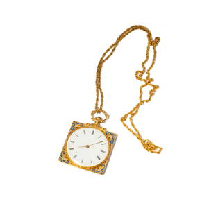 18 Karat Yellow Gold Enamel Pocket Watch with 14 Karat Necklace: including one square enameled pocket watch measuring 51.45mm tall by 35.80mm wide; with attached 14 karat yellow gold chain measuring 23-3/4 inches long, weighing 5.8 grams; together weighing 31.7