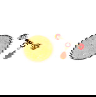 Two Gem-set Brooches: Including one 14 karat white gold, onyx, coral, diamond, and enamel brooch, measuring 48.12x64.38mm, weighing 9.85 grams; and one sterling jade brooch measuring 62.22mm in diameter; with enamel