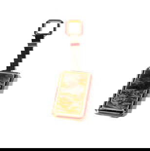 18 Karat Yellow Gold Chinese Enamel Compact: compact with small round diamonds and black and red enameling; measuring 2-7/8 inches long by 1-3/4 inches wide; weighing 115.4 grams; not signed or marked;