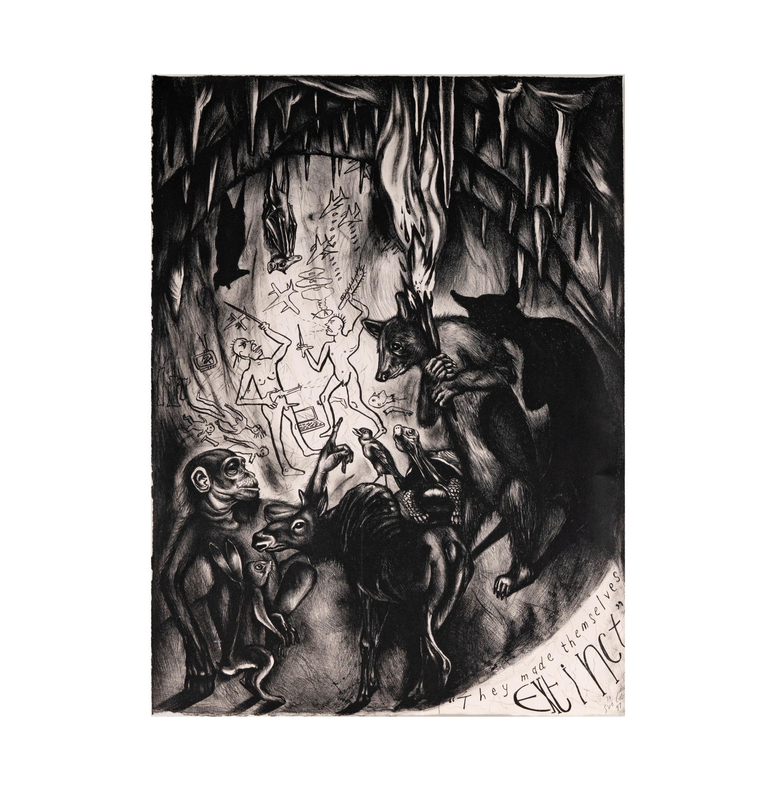 Sue Coe, New York B.1952, They Made Themselves Extinct: lithograph 1997; signed and numbered 10 lower right Sheet: 20 1/8 x 15 in. (51.1 x 38.1 cm.) Provenance: From the Estate of Rachel Rosenthal (1926?2015), pioneering performance artist, painter, and ac