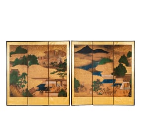 Two Japanese Edo Period Three-Panel Screens