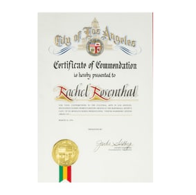 Rachel Rosenthal City of Los Angeles Certificate of Commendation