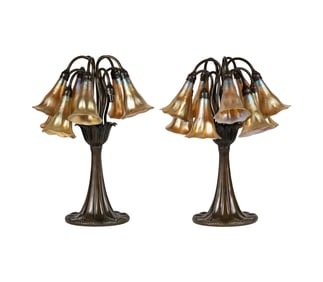 Larry Flynt: A Pair of Tiffany-Style Bronze and Glass Lily Table Lamps
