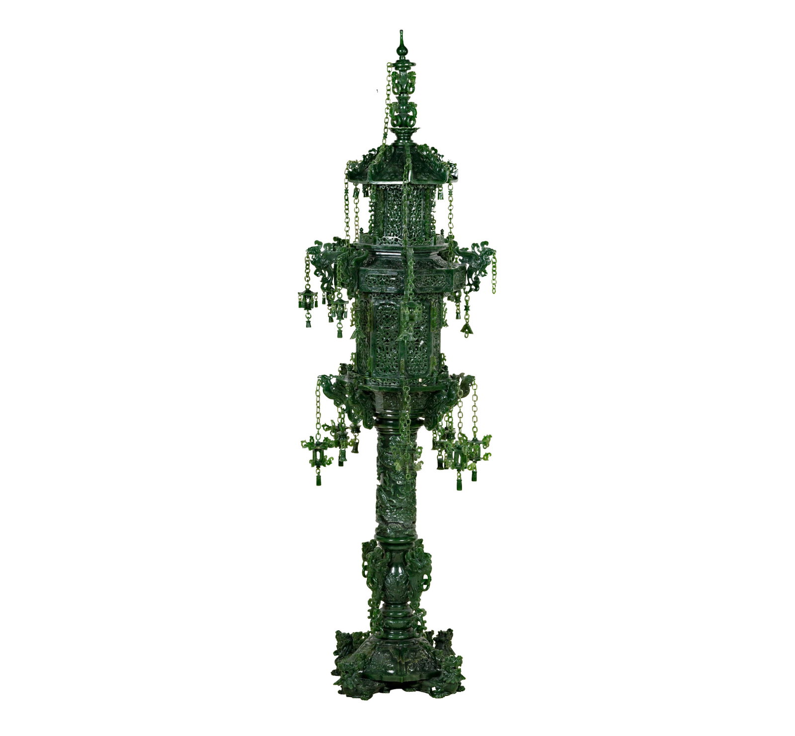 Larry Flynt: A Monumental Chinese Carved Green Jade Pagoda: in multiple sections 61 1/4 x 19 in. (155.6 x 48.3 cm.)