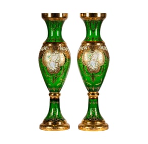 Larry Flynt: A Large Pair of Bohemian Gilt Green Glass Vases