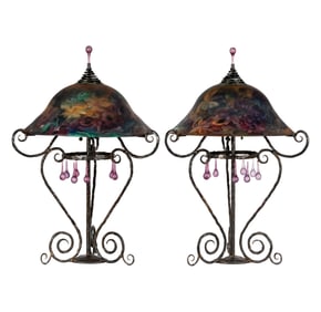 Larry Flynt: A Pair of Iron and Reverse-Painted Glass Table Lamps